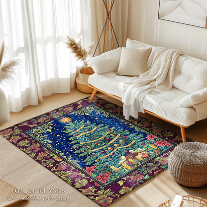 Rustic Holiday Xmas Tree Rug | Cozy Cottagecore Holiday Home Accent Vintage Glow Winter Decor Poinsettia Maximalist Xmas Festive Winter Art