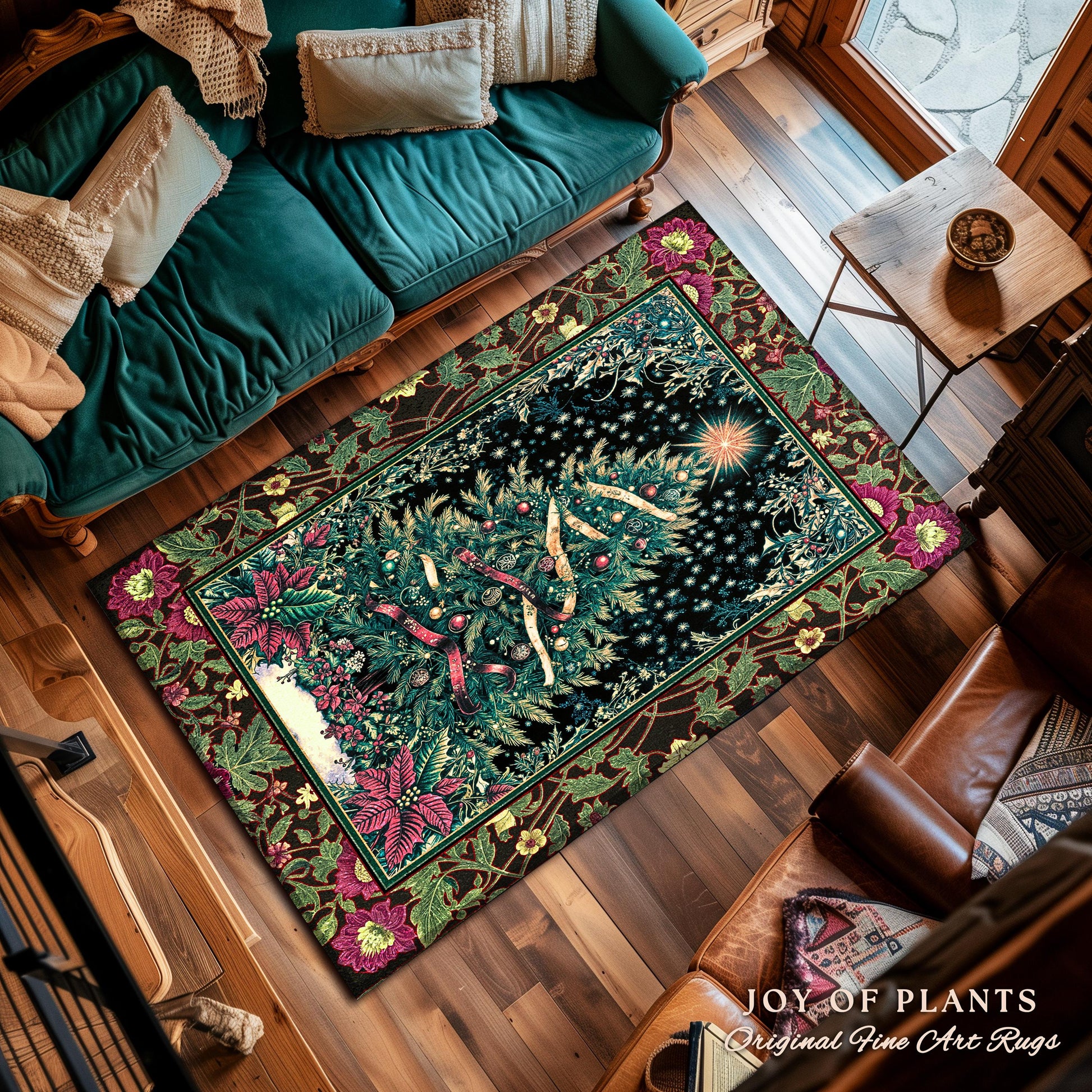 Nostalgic Christmas Tree Area Rug | Classic Aesthetic Holiday Accent Cozy Starry Night Rug Vintage Winter Decor Cottagecore Style Ornate |