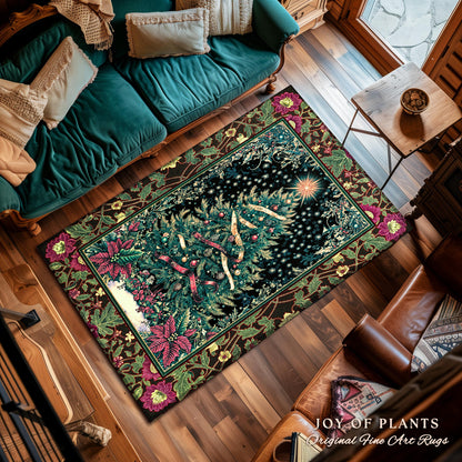 Nostalgic Christmas Tree Area Rug | Classic Aesthetic Holiday Accent Cozy Starry Night Rug Vintage Winter Decor Cottagecore Style Ornate |