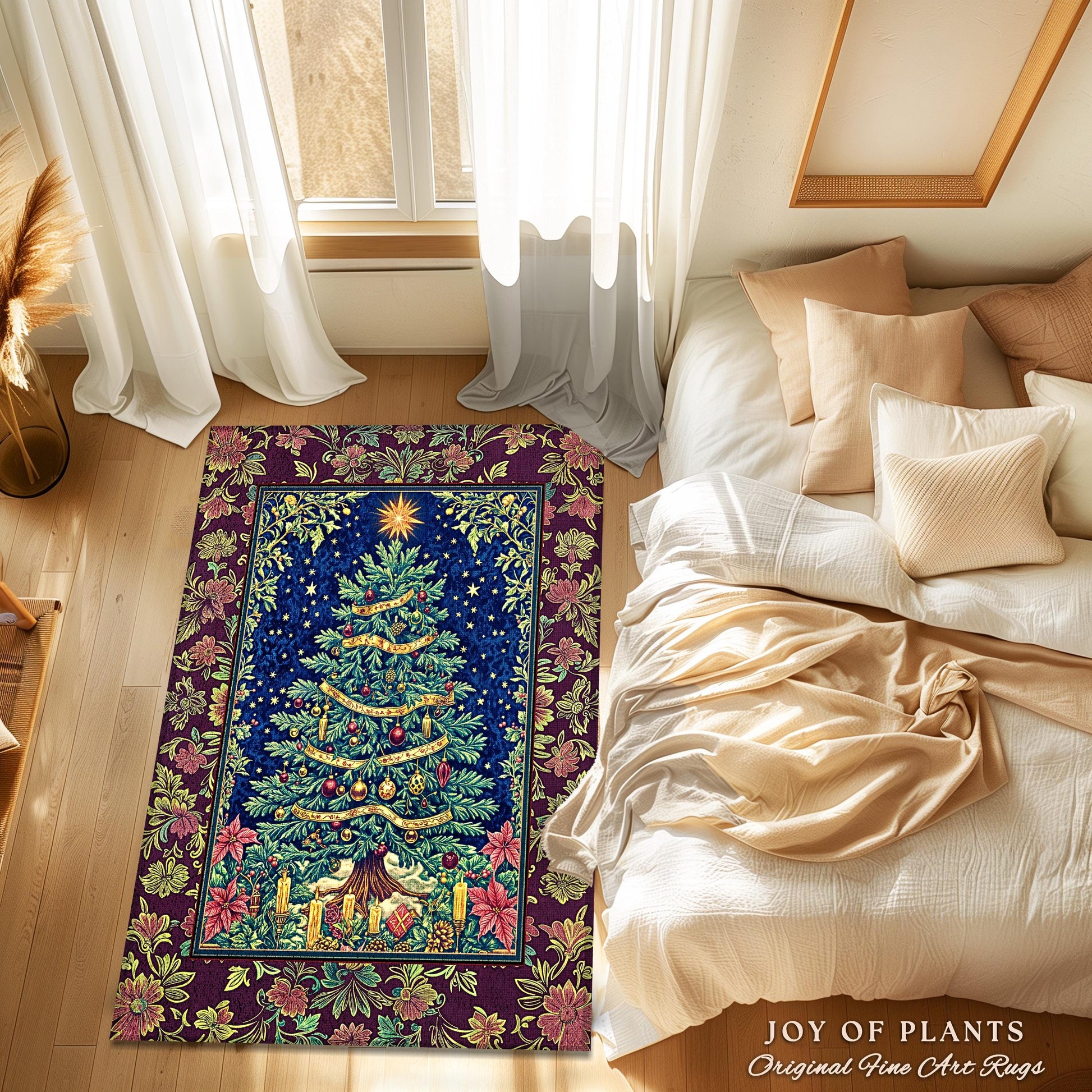 Rustic Holiday Xmas Tree Rug | Cozy Cottagecore Holiday Home Accent Vintage Glow Winter Decor Poinsettia Maximalist Xmas Festive Winter Art