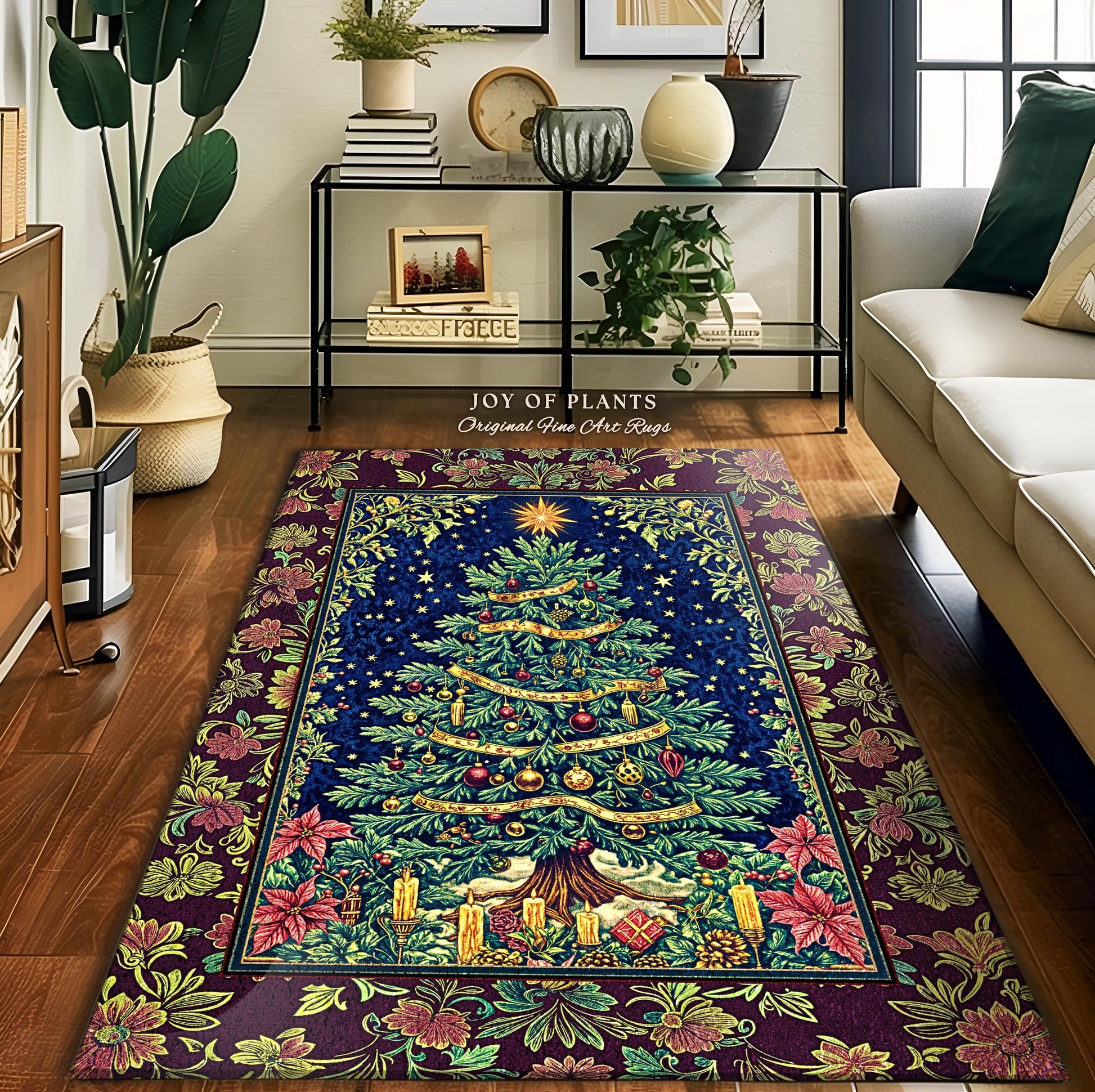 Rustic Holiday Xmas Tree Rug | Cozy Cottagecore Holiday Home Accent Vintage Glow Winter Decor Poinsettia Maximalist Xmas Festive Winter Art