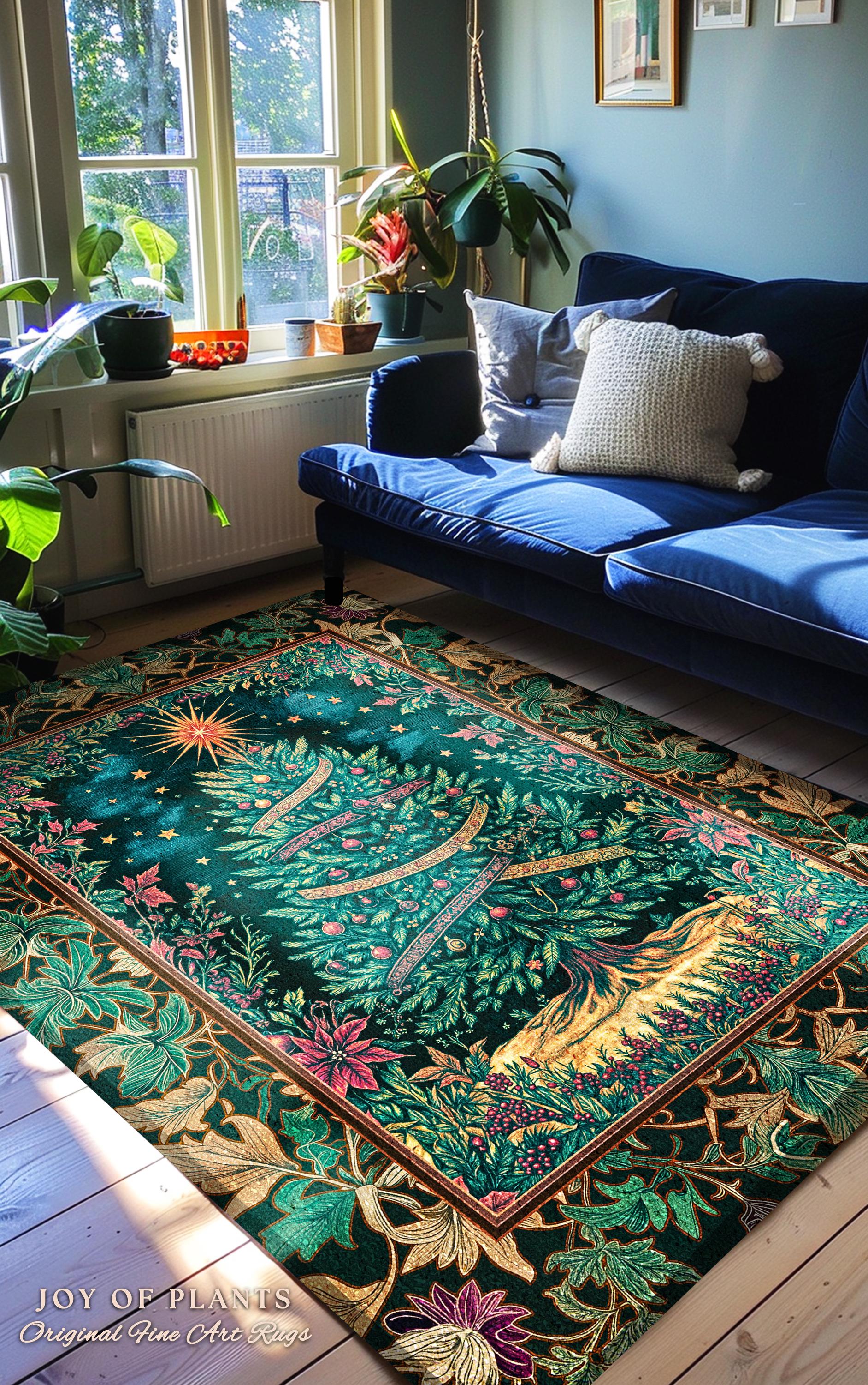 Twinkling Stars Holiday Tree Rug | Christmas Area Rug Whimsical Gold Ornament Evergreen Decor Traditional Ornate Winter Home Festive Look |