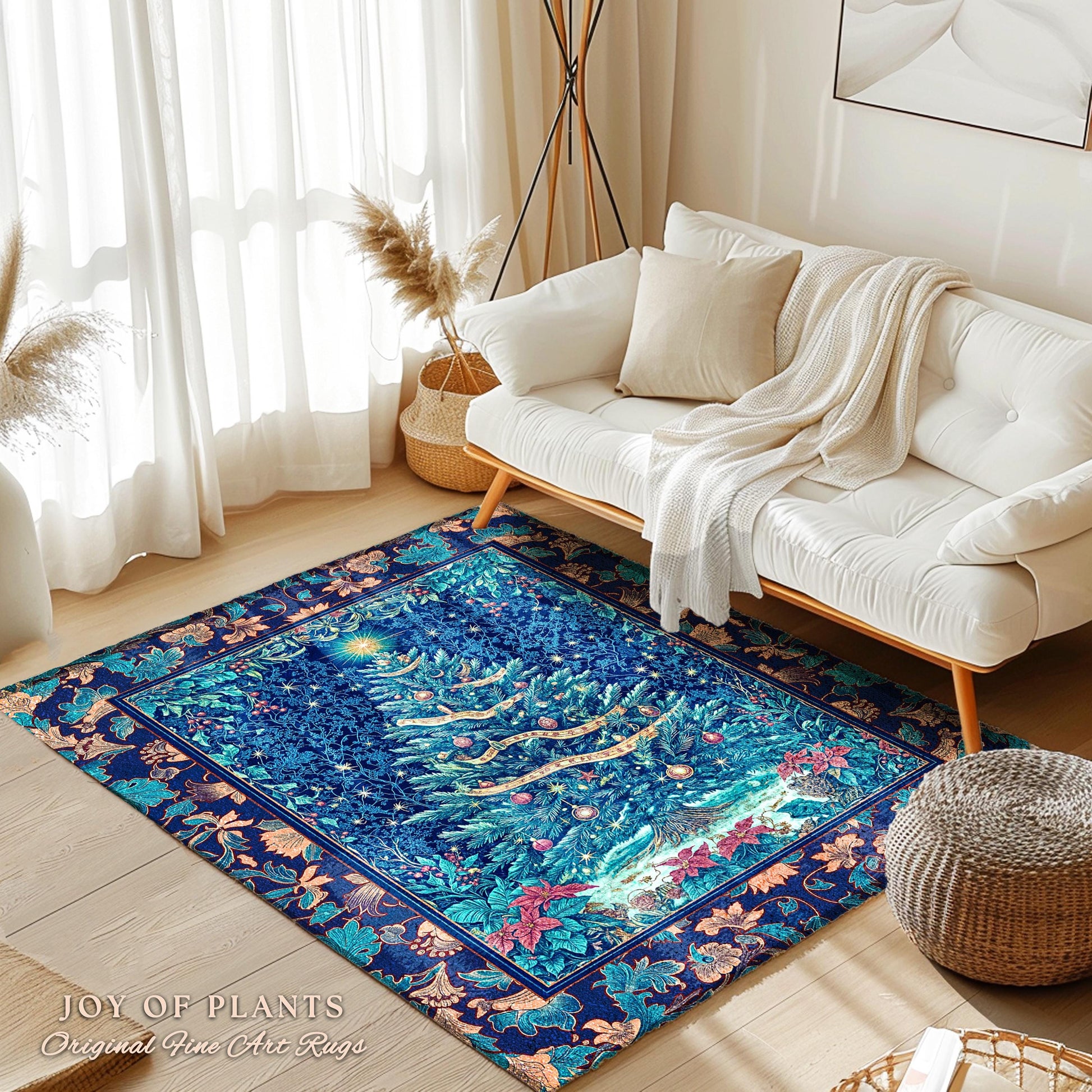 Winter Blue Festive Aesthetic Rug | French Farmhouse Rustic Christmas Winter Wonderland Area Rug Blue Ethereal Holiday Theme Bohemian Accent