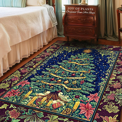 Rustic Holiday Xmas Tree Rug | Cozy Cottagecore Holiday Home Accent Vintage Glow Winter Decor Poinsettia Maximalist Xmas Festive Winter Art