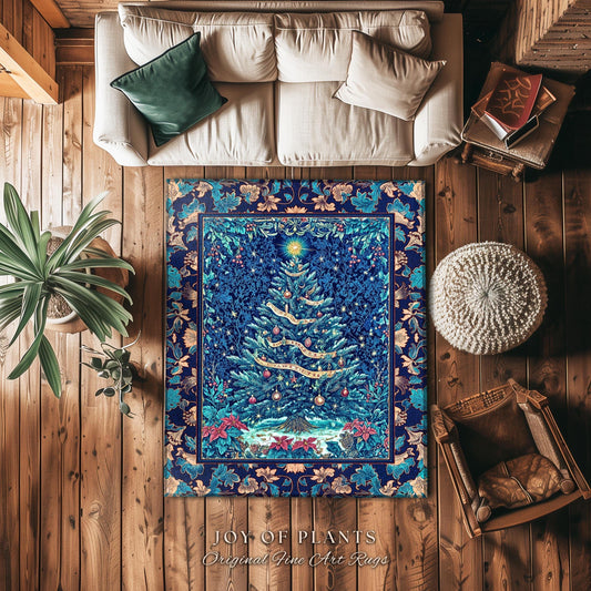 Winter Blue Festive Aesthetic Rug | French Farmhouse Rustic Christmas Winter Wonderland Area Rug Blue Ethereal Holiday Theme Bohemian Accent