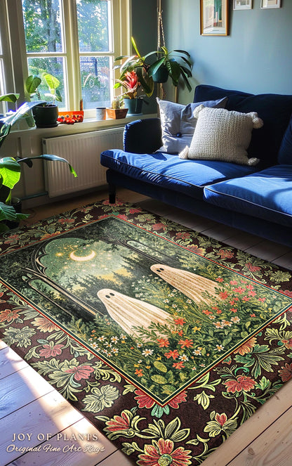 Ghost Garden Gothic Area Rug | Cottagecore Halloween Decor Crescent Moon Forest Spirit Rug Mystical Celestial Style Bedroom Witchy Accent |