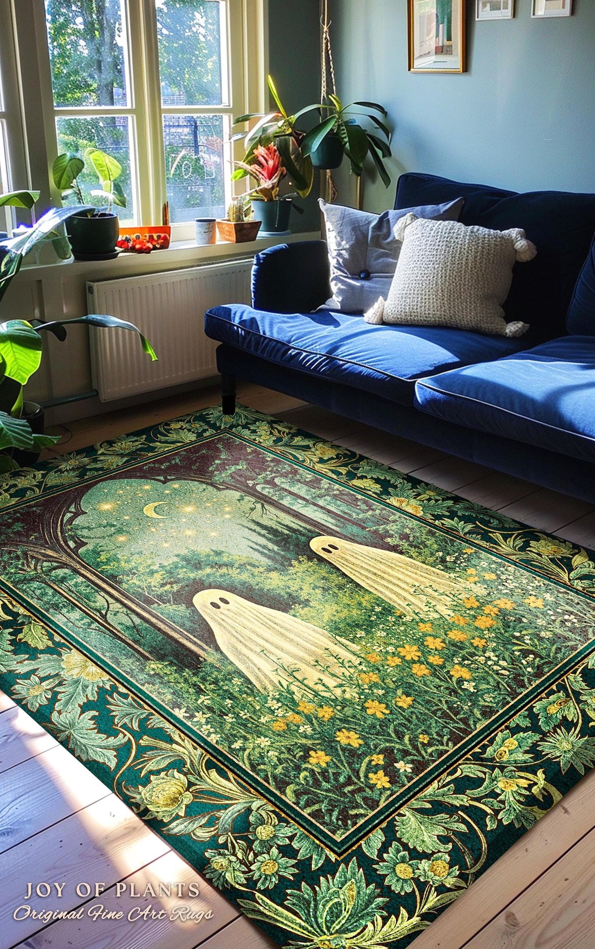 Crescent Moon Ghost Meadow Rug | Cozy Rug Pastel Gothic Fall Accent Haunted Cottage Whimsical Dark Spooky Bedroom Dreamy Tarot Style Decor