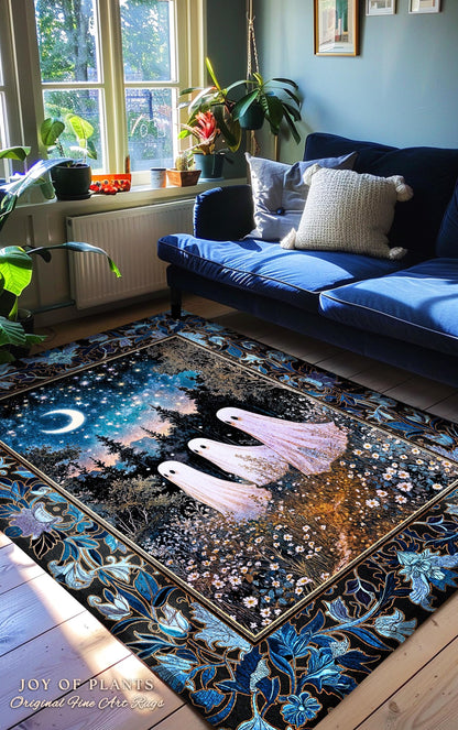 Celestial Spirits Moonlit Forest Area Rug | Ghost Lover Bedroom Rug Pastel Purple Cottagecore Style Haunted Aesthetic Spooky Spirit Decor |