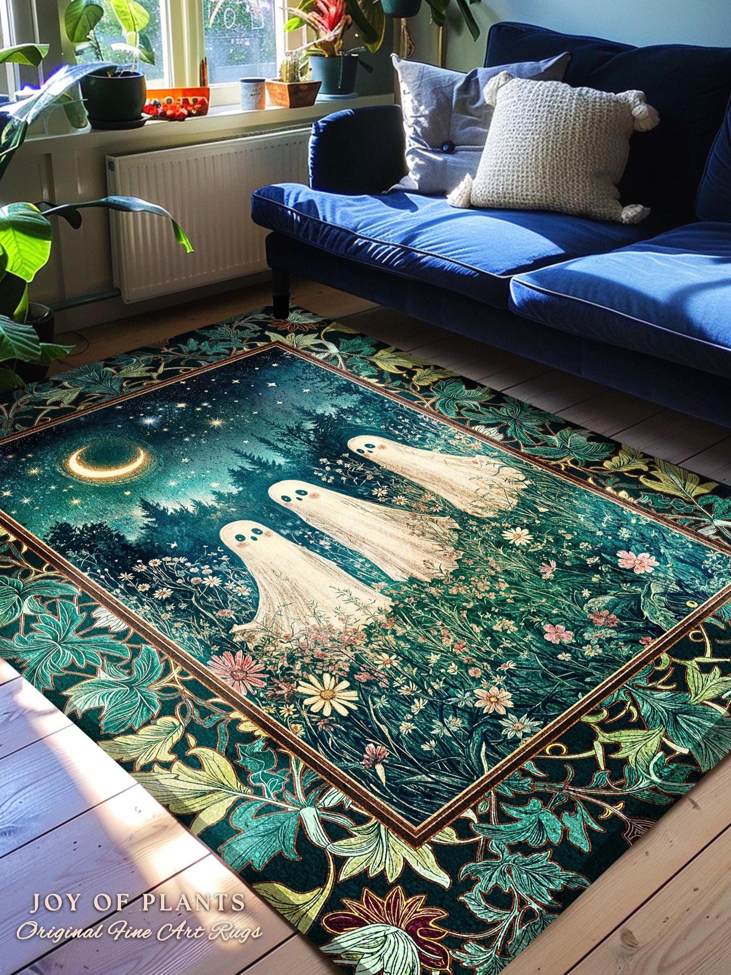 Whimsical Ghosts Wildflower Forest Rug | Dark Academia Whimsigothic Accent Rug Cozy Aesthetic Cottage Pastel Celestial Moonlit Floral Spirit