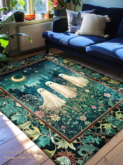 Whimsical Ghosts Wildflower Forest Rug | Dark Academia Whimsigothic Accent Rug Cozy Aesthetic Cottage Pastel Celestial Moonlit Floral Spirit
