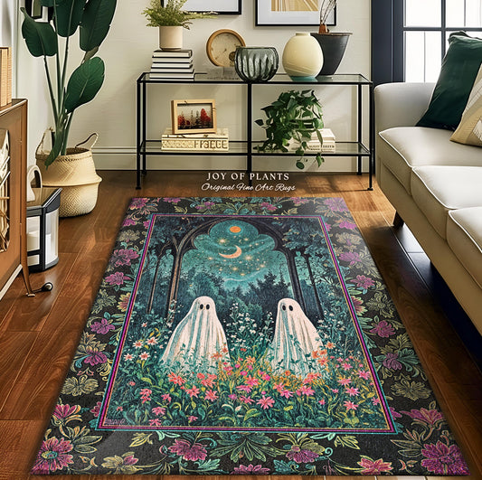 Moonlight Meadow Ghost Friends Rug | Floral Garden Cozy Rug Feral Cottage Accent Ghost Gathering Celestial Dreamy Autumn Whimsy Aesthetic |