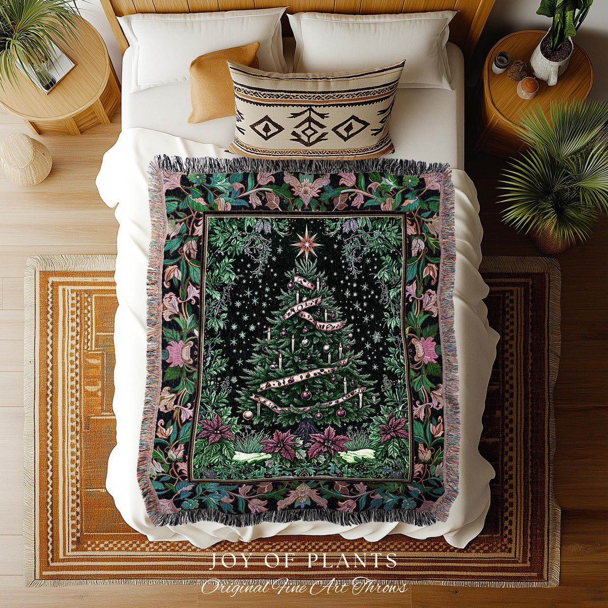 Dark Aesthetic Moody Xmas Tree Throw | Whimsigothic Holiday Festive Woven Wall Tapestry Rustic Farmhouse Couch Blanket for Christmas Boho |