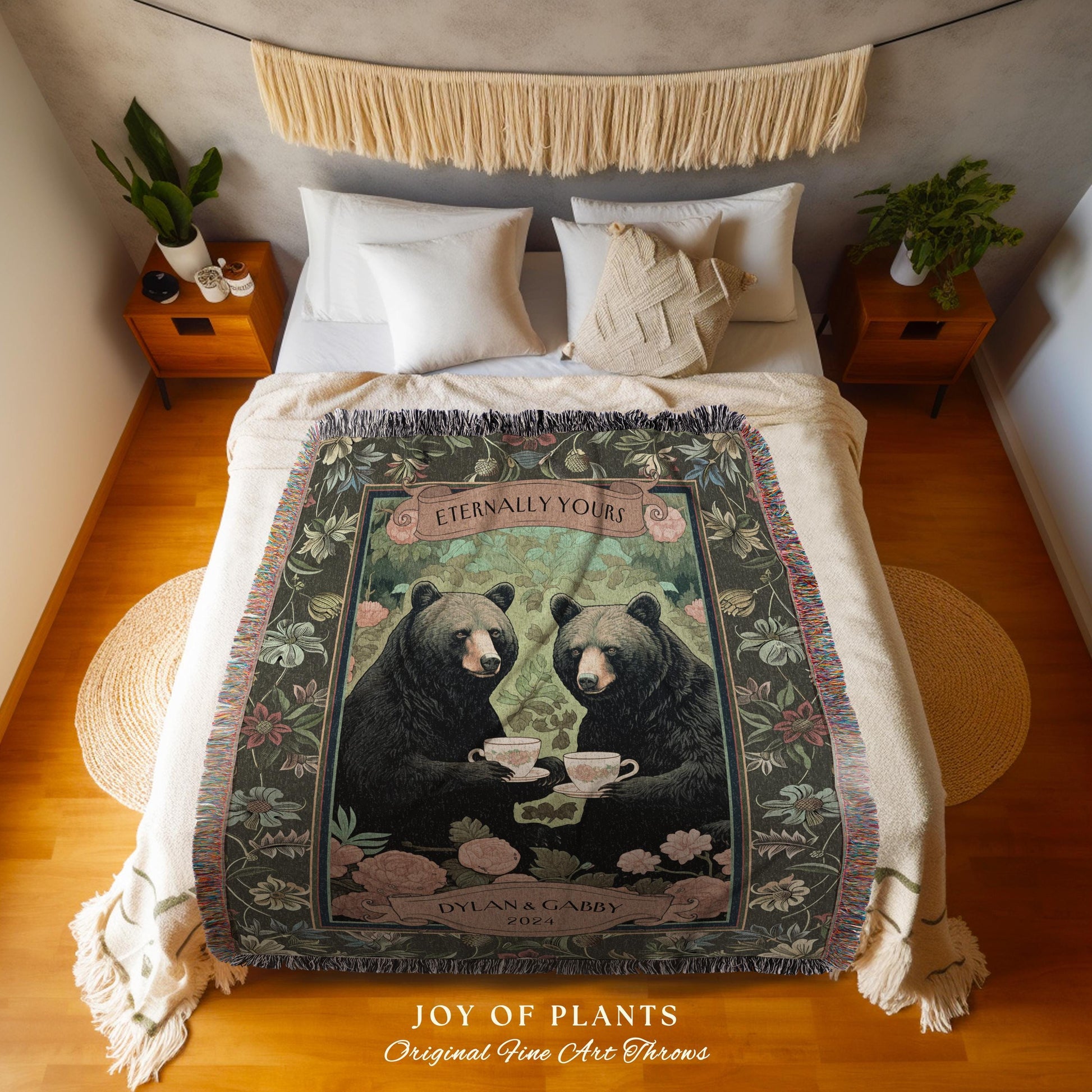 Floral Woodland Couples Custom Blanket | Cottagecore Wedding Anniversary Personalized Bear Couple Woven Throw Cute Blanket Outdoorsy Gift