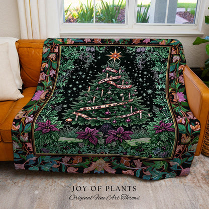Dark Aesthetic Moody Xmas Tree Throw | Whimsigothic Holiday Festive Woven Wall Tapestry Rustic Farmhouse Couch Blanket for Christmas Boho |