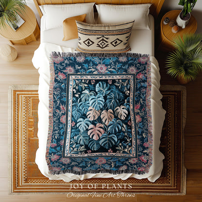 Serene Monstera Forest Tapestry | Enchanted Tropigoth Bedroom Woven Blanket Whimsical Cottagecore Houseplant Lover Mystic Aesthetic Throw |