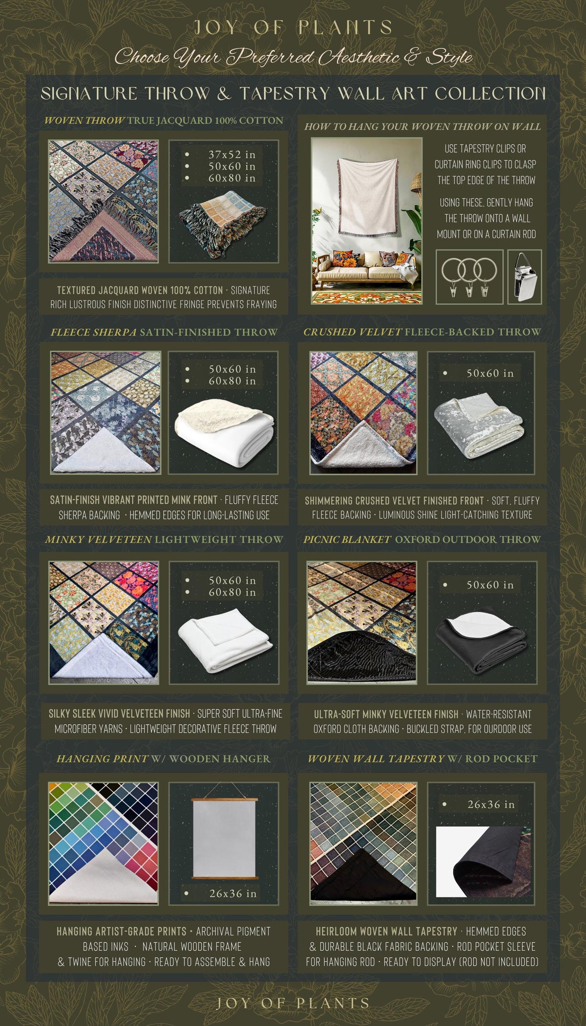The image is a collection of various textiles and fabrics, including throw blankets, tapestries, and wall art, arranged in a grid format.