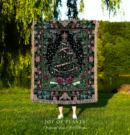 Dark Aesthetic Moody Xmas Tree Throw | Whimsigothic Holiday Festive Woven Wall Tapestry Rustic Farmhouse Couch Blanket for Christmas Boho |