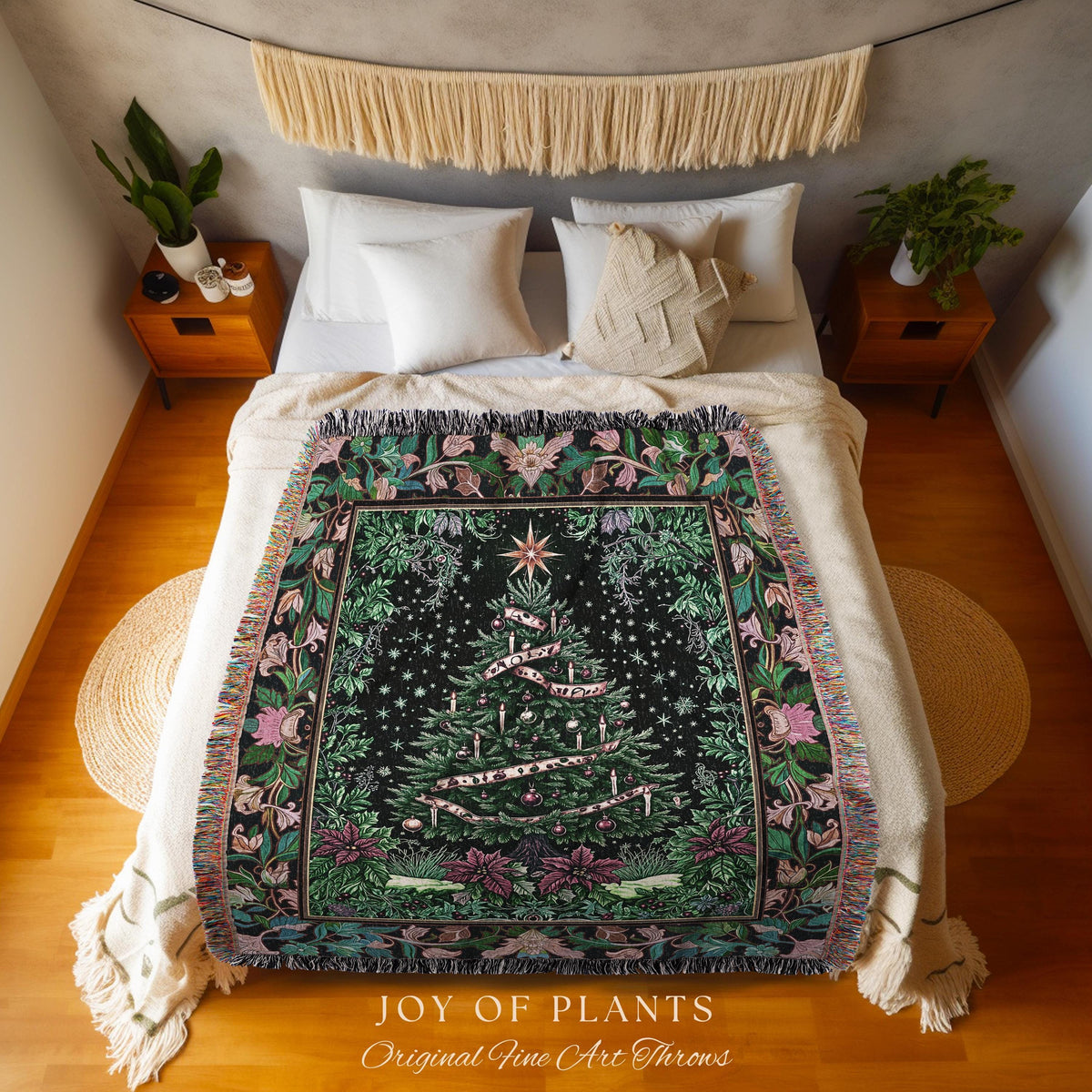 Dark Aesthetic Moody Xmas Tree Throw | Whimsigothic Holiday Festive Woven Wall Tapestry Rustic Farmhouse Couch Blanket for Christmas Boho |