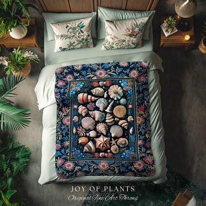 Colorful Nautical Aesthetic Throw Blanket | Ocean Inspired Lake Home Accent Seashell Woven Wall Tapestry Summer Beach Aesthetic Mermaidcore