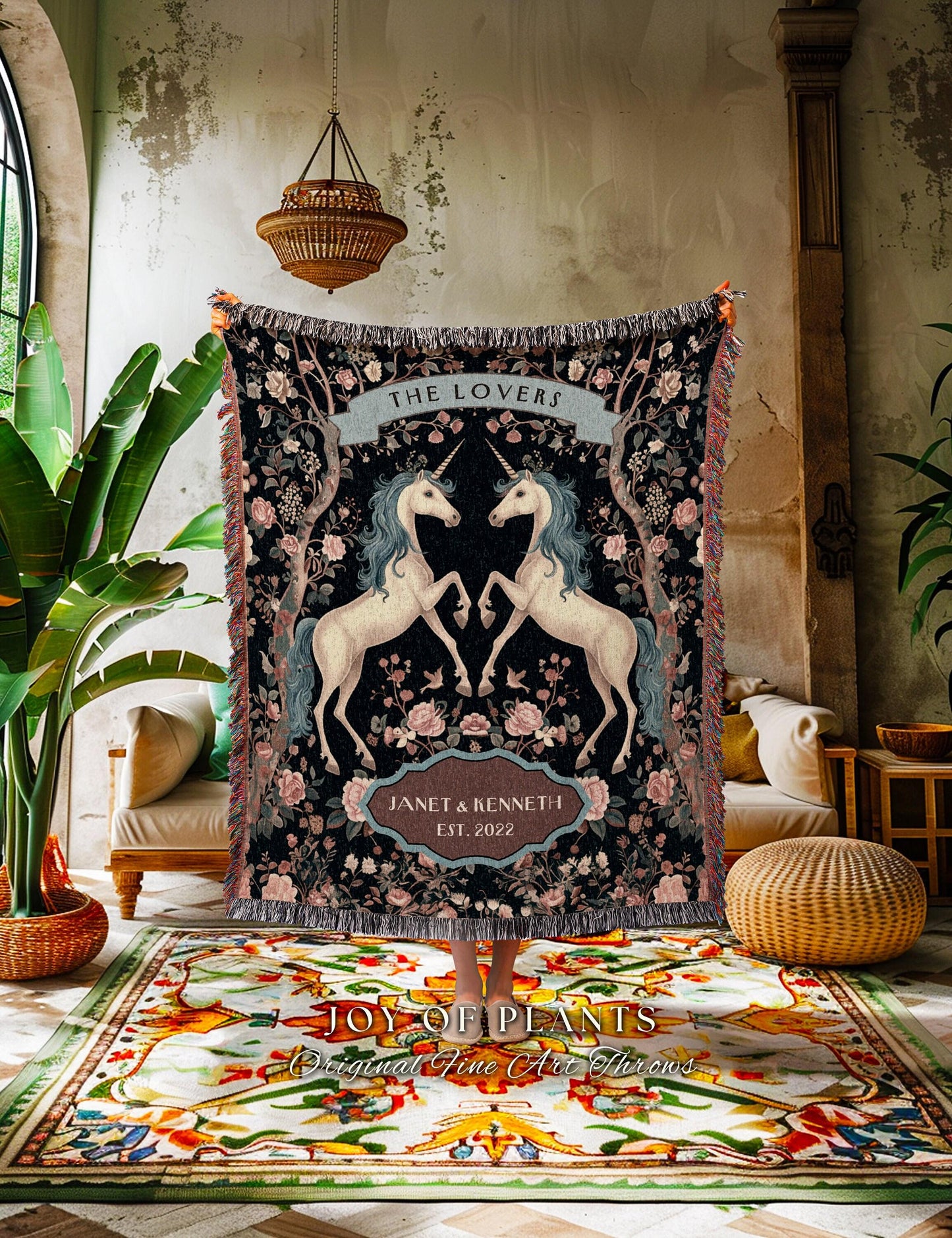 The Lovers Unicorn Couple Custom Woven Tapestry Throw Blanket | Fairytale Wedding Anniversary Keepsake Magical Romance Storybook Whimsy Gift