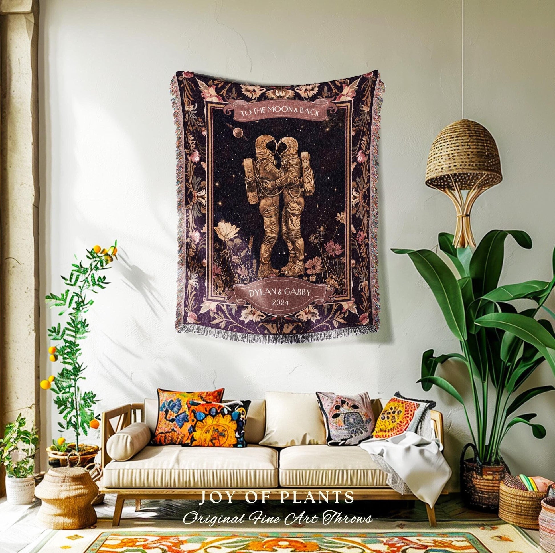 Space Lovers Celestial Woven Tapestry Blanket | Astral Design His and Hers Anniversary Gift Cosmic Love Romantic To The Moon & Back Custom |