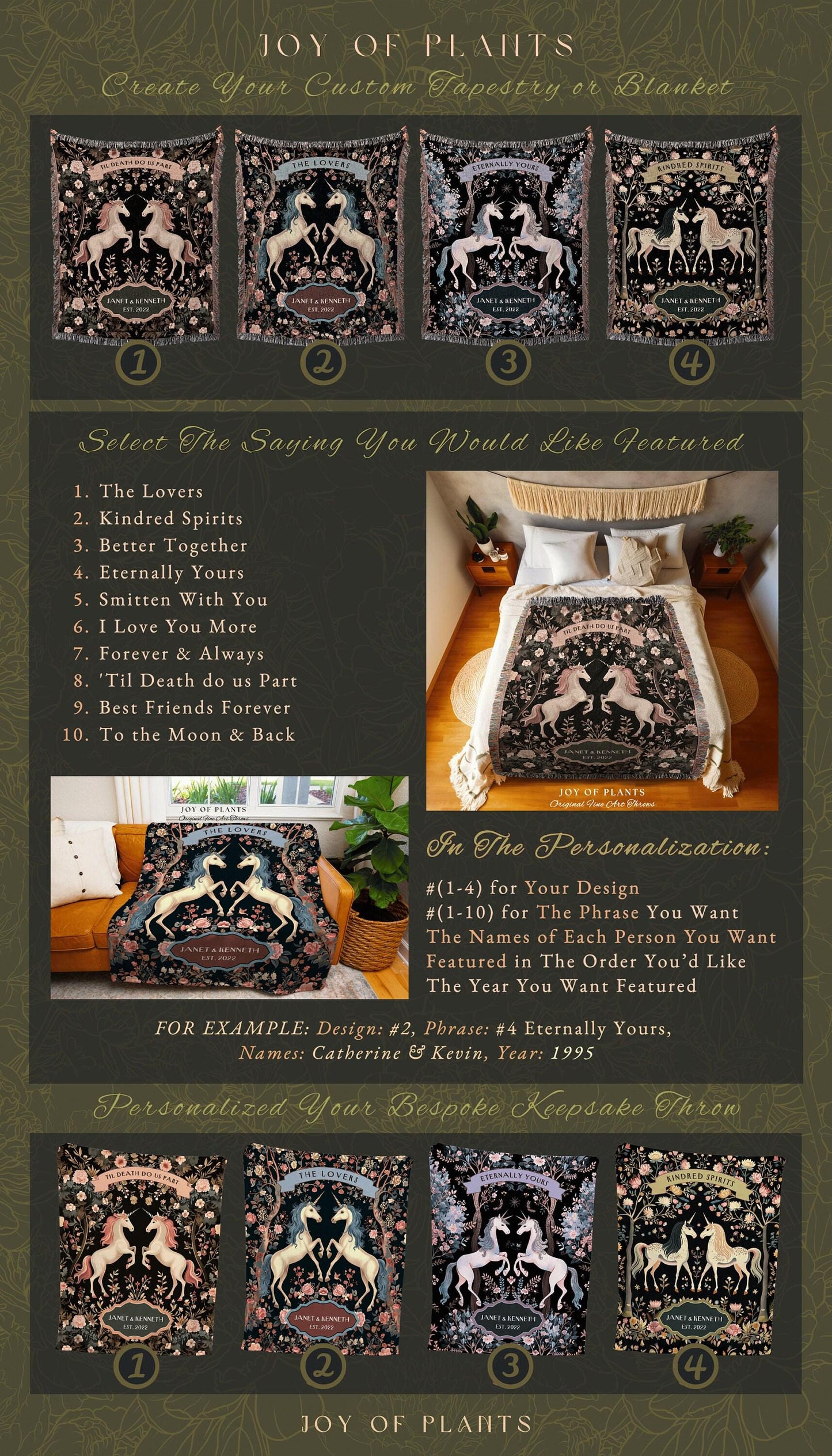The Lovers Unicorn Couple Custom Woven Tapestry Throw Blanket | Fairytale Wedding Anniversary Keepsake Magical Romance Storybook Whimsy Gift