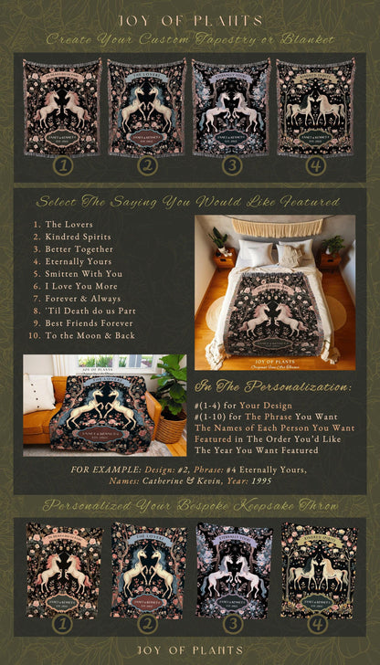 The Lovers Unicorn Couple Custom Woven Tapestry Throw Blanket | Fairytale Wedding Anniversary Keepsake Magical Romance Storybook Whimsy Gift
