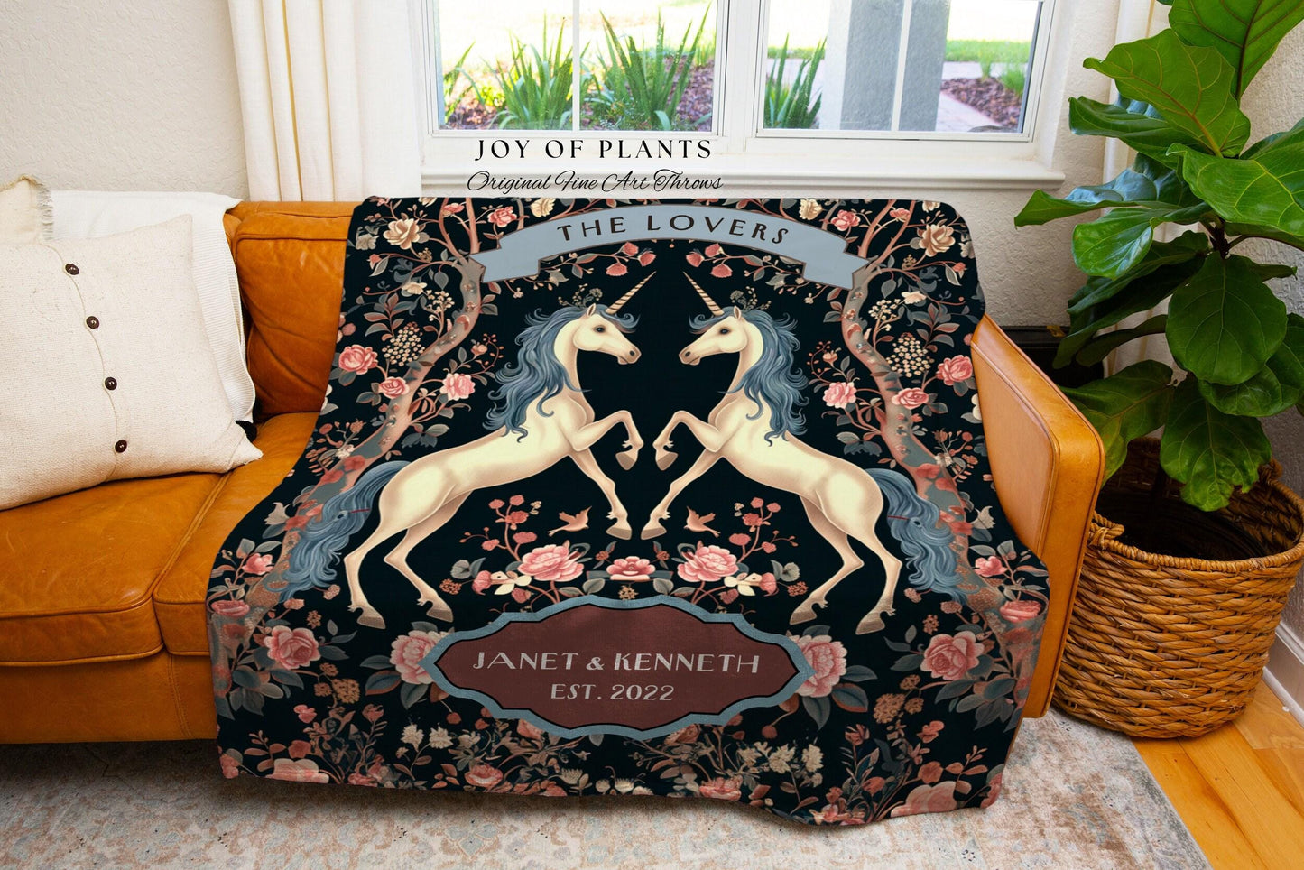 The Lovers Unicorn Couple Custom Woven Tapestry Throw Blanket | Fairytale Wedding Anniversary Keepsake Magical Romance Storybook Whimsy Gift