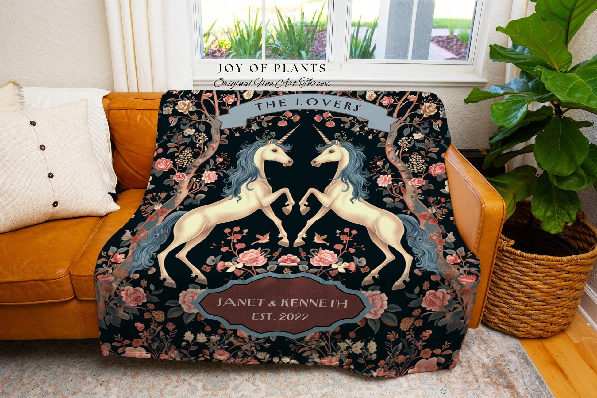 The Lovers Unicorn Couple Custom Woven Tapestry Throw Blanket | Fairytale Wedding Anniversary Keepsake Magical Romance Storybook Whimsy Gift