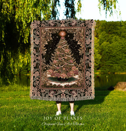 Golden Light Elegant Holiday Throw | Baroque Christmas Woven Wall Tapestry Floral Tree Blanket Ornate Decor Cozy Vintage Holiday Aesthetic