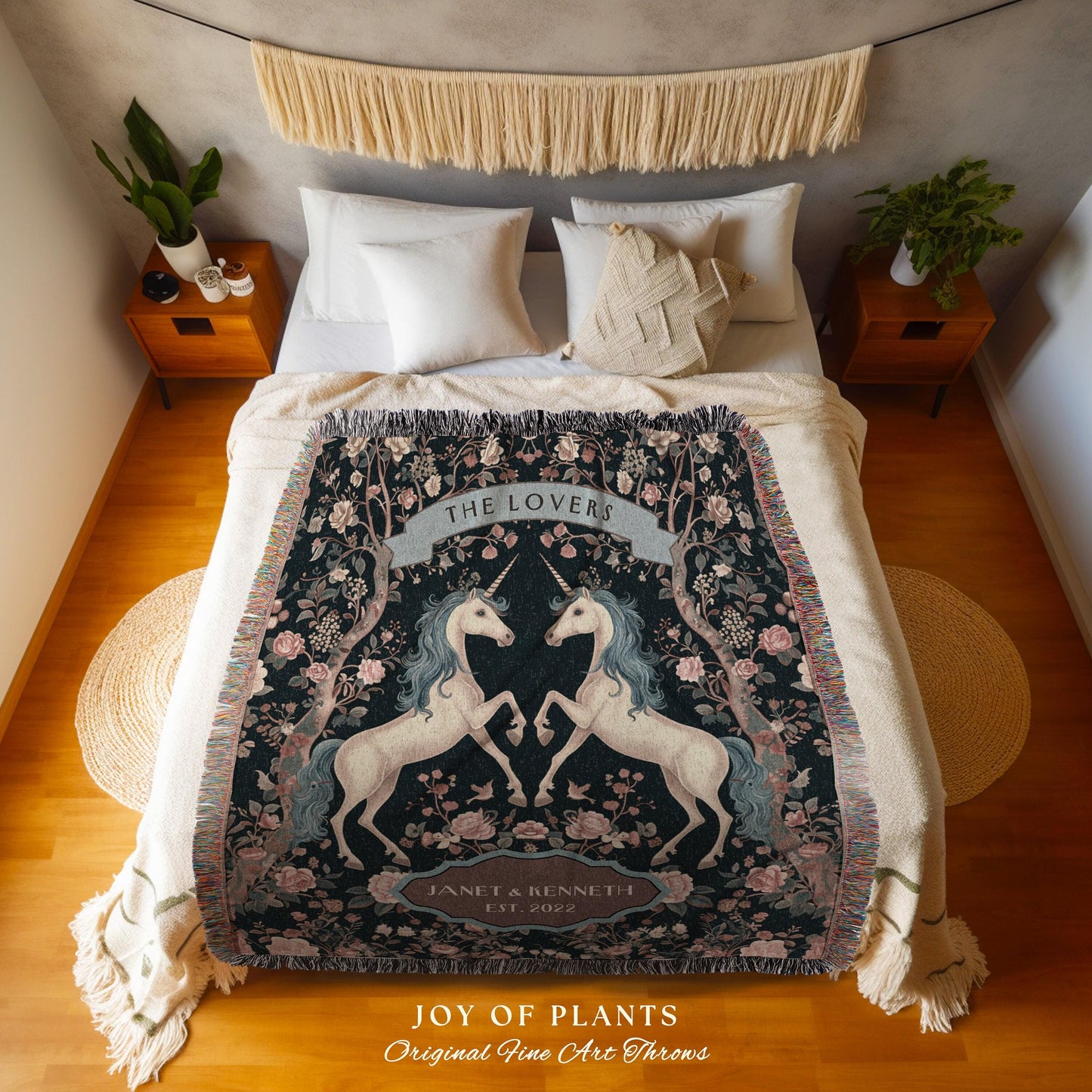 The Lovers Unicorn Couple Custom Woven Tapestry Throw Blanket | Fairytale Wedding Anniversary Keepsake Magical Romance Storybook Whimsy Gift