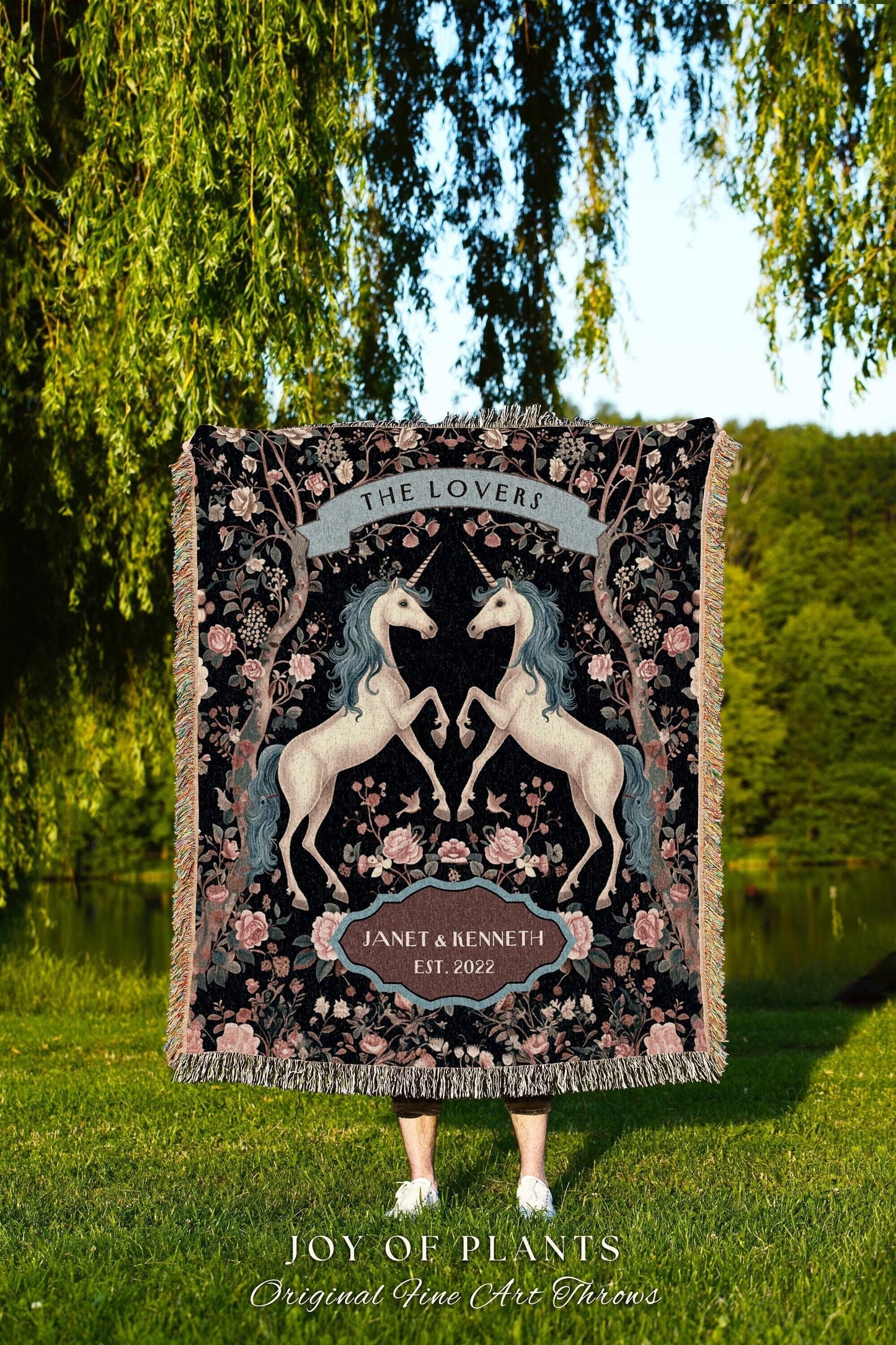 The Lovers Unicorn Couple Custom Woven Tapestry Throw Blanket | Fairytale Wedding Anniversary Keepsake Magical Romance Storybook Whimsy Gift