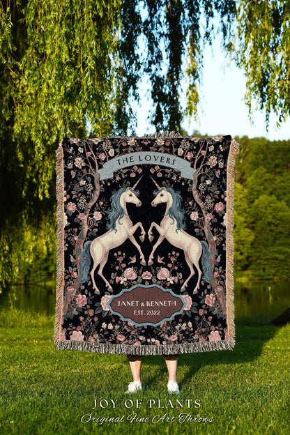 The Lovers Unicorn Couple Custom Woven Tapestry Throw Blanket | Fairytale Wedding Anniversary Keepsake Magical Romance Storybook Whimsy Gift