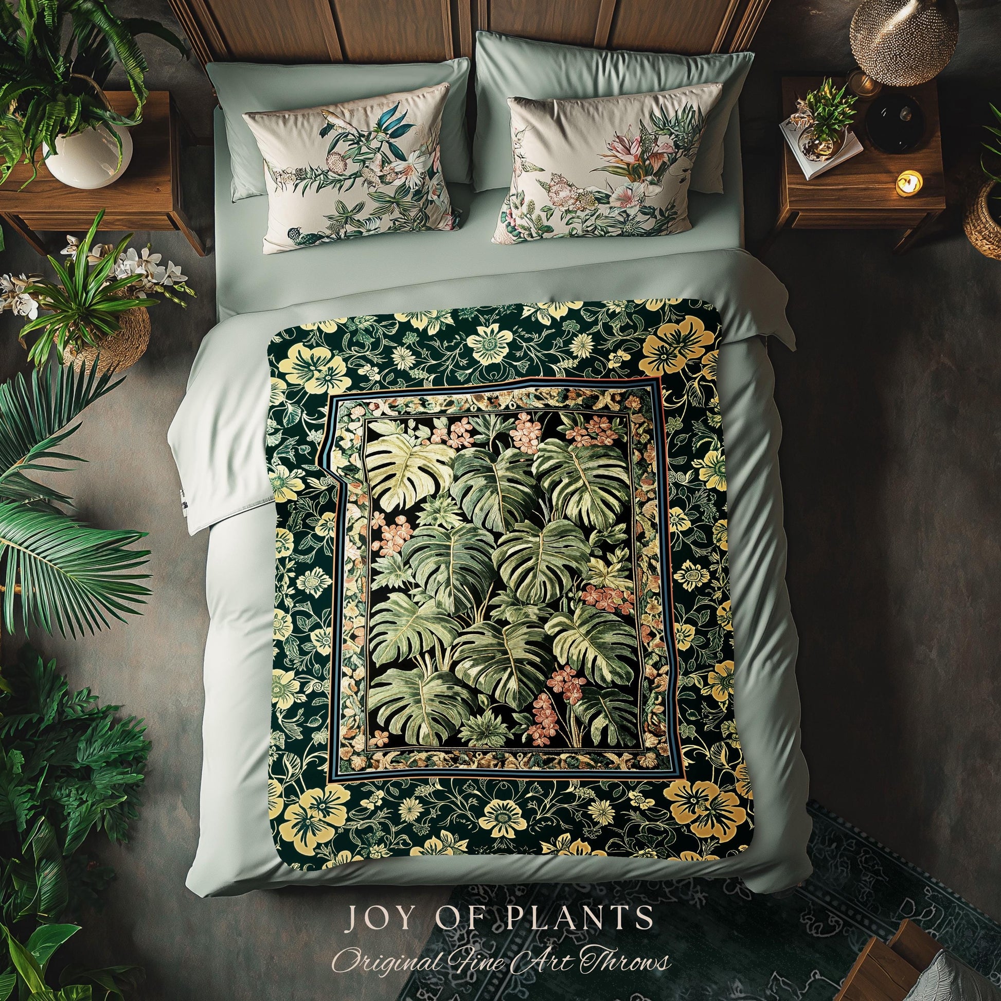 Verdant Flora Jungle Leaves Blanket | Maximalist Forestcore Tapestry Woven Wall Art Whimsical Plant Themed Cottagecore Inspired Home Decor