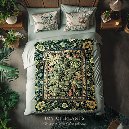 Verdant Flora Jungle Leaves Blanket | Maximalist Forestcore Tapestry Woven Wall Art Whimsical Plant Themed Cottagecore Inspired Home Decor