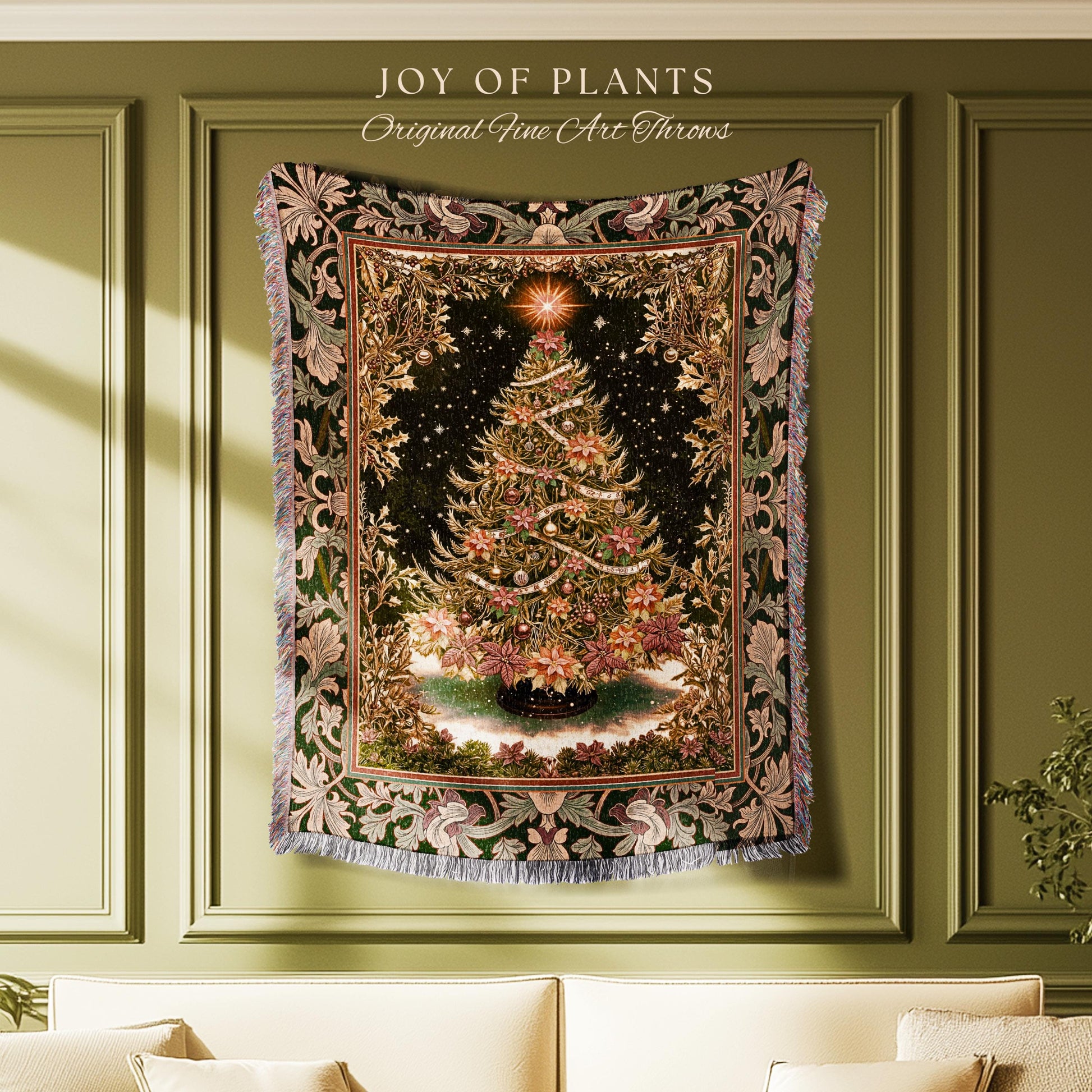 Golden Light Elegant Holiday Throw | Baroque Christmas Woven Wall Tapestry Floral Tree Blanket Ornate Decor Cozy Vintage Holiday Aesthetic