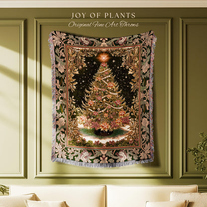 Golden Light Elegant Holiday Throw | Baroque Christmas Woven Wall Tapestry Floral Tree Blanket Ornate Decor Cozy Vintage Holiday Aesthetic