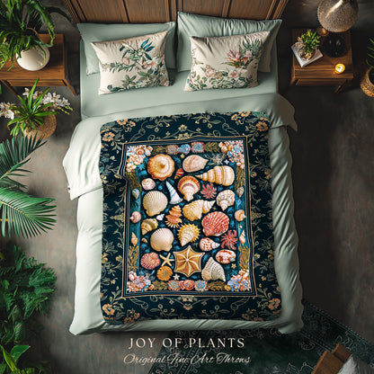 Eclectic Shell Collage Cozy Throw Blanket | Summer Beach House Nautical Bedding Maximalist Aesthetic Mermaidcore Coastal Woven Wall Tapestry