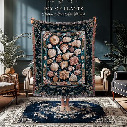 Eclectic Shell Collage Cozy Throw Blanket | Summer Beach House Nautical Bedding Maximalist Aesthetic Mermaidcore Coastal Woven Wall Tapestry