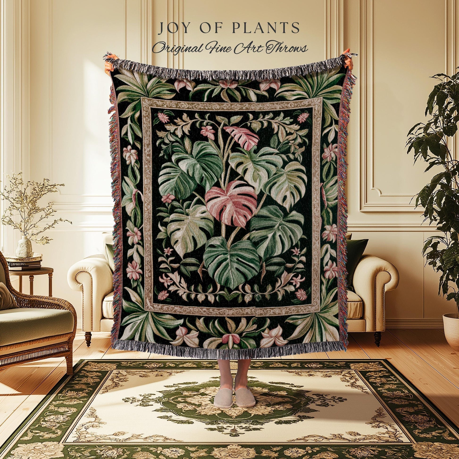 Earthy Vibes Monstera Tapestry | Cozy Woven Blanket Forestcore Vintage Summer Bedspread Tropical Goth Aesthetic Cottagecore Leafy Bedroom |