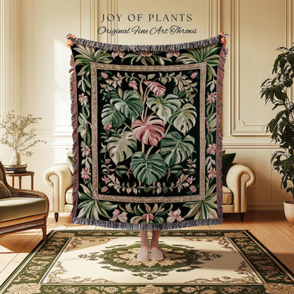 Earthy Vibes Monstera Tapestry | Cozy Woven Blanket Forestcore Vintage Summer Bedspread Tropical Goth Aesthetic Cottagecore Leafy Bedroom |