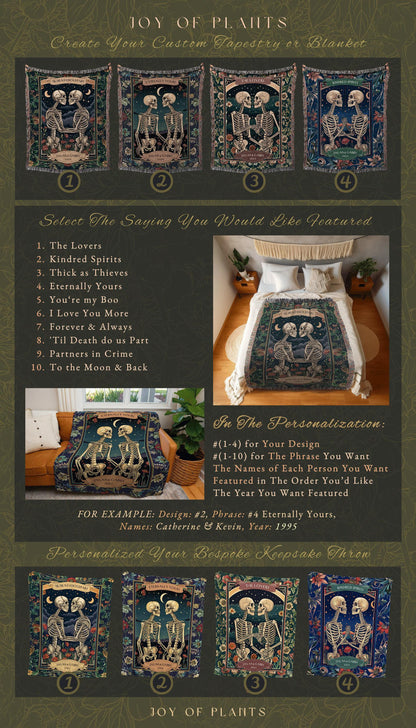 Macabre Skeleton Lovers Cozy Blanket Custom | Meaningful Anniversary Blanket Gothic Skeleton Lover Gift for Boyfriend Personalized Couple |