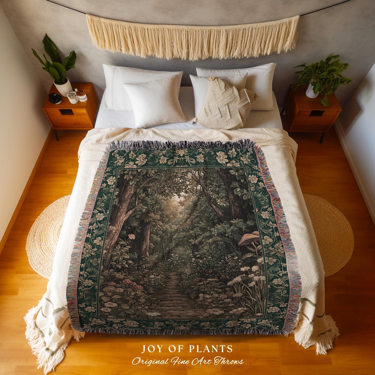 Botanical Bedroom Throw Blanket Fairycore | Woodland Mushroom Aesthetic Nature Lover Book Nook Wall Tapestry Woven Emerald Green Decor |
