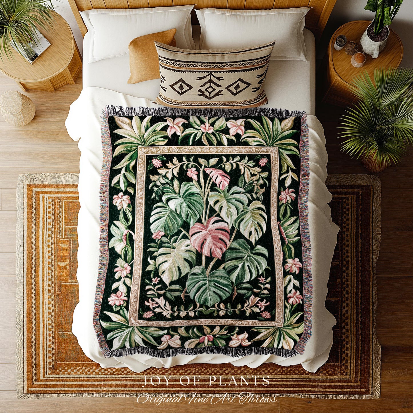 Earthy Vibes Monstera Tapestry | Cozy Woven Blanket Forestcore Vintage Summer Bedspread Tropical Goth Aesthetic Cottagecore Leafy Bedroom |