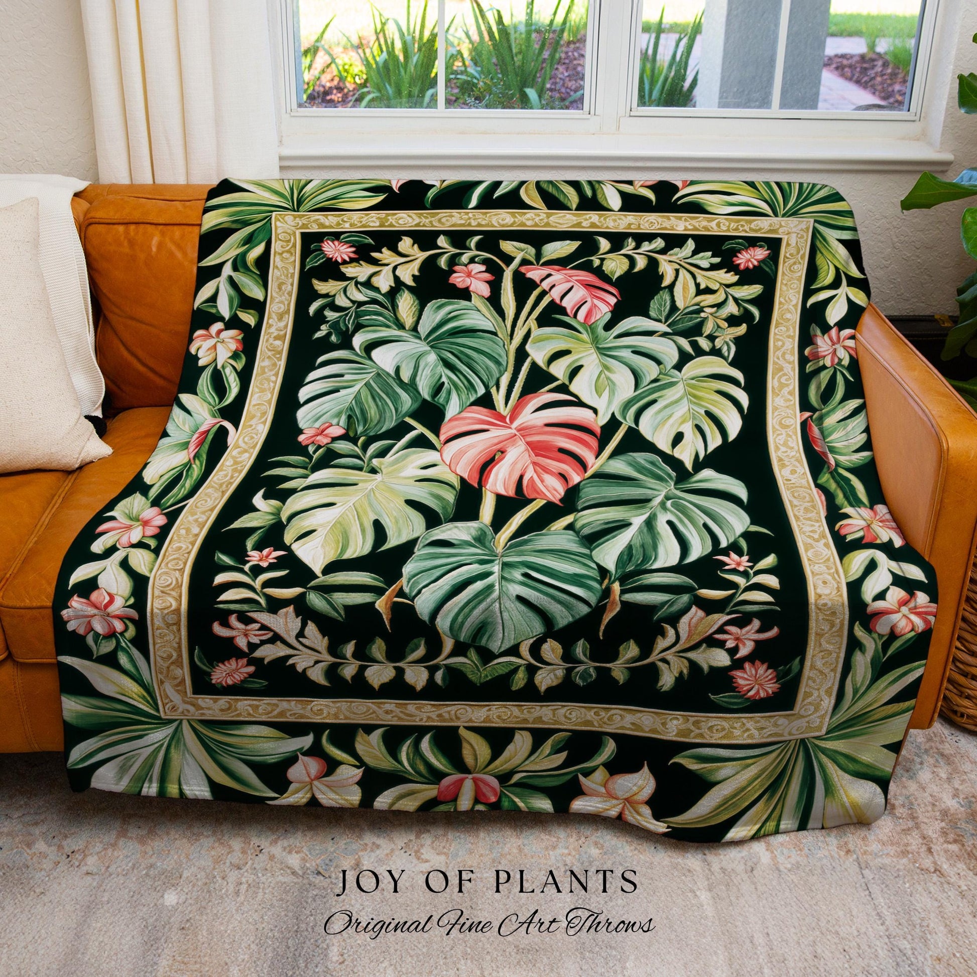 Earthy Vibes Monstera Tapestry | Cozy Woven Blanket Forestcore Vintage Summer Bedspread Tropical Goth Aesthetic Cottagecore Leafy Bedroom |