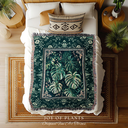 Jungle Inspired Emerald Green Coverlet | Monstera Throw Blanket Moody Bedroom Tapestry Woven Wall Art Trendy Tropigoth Room Accent Botanical