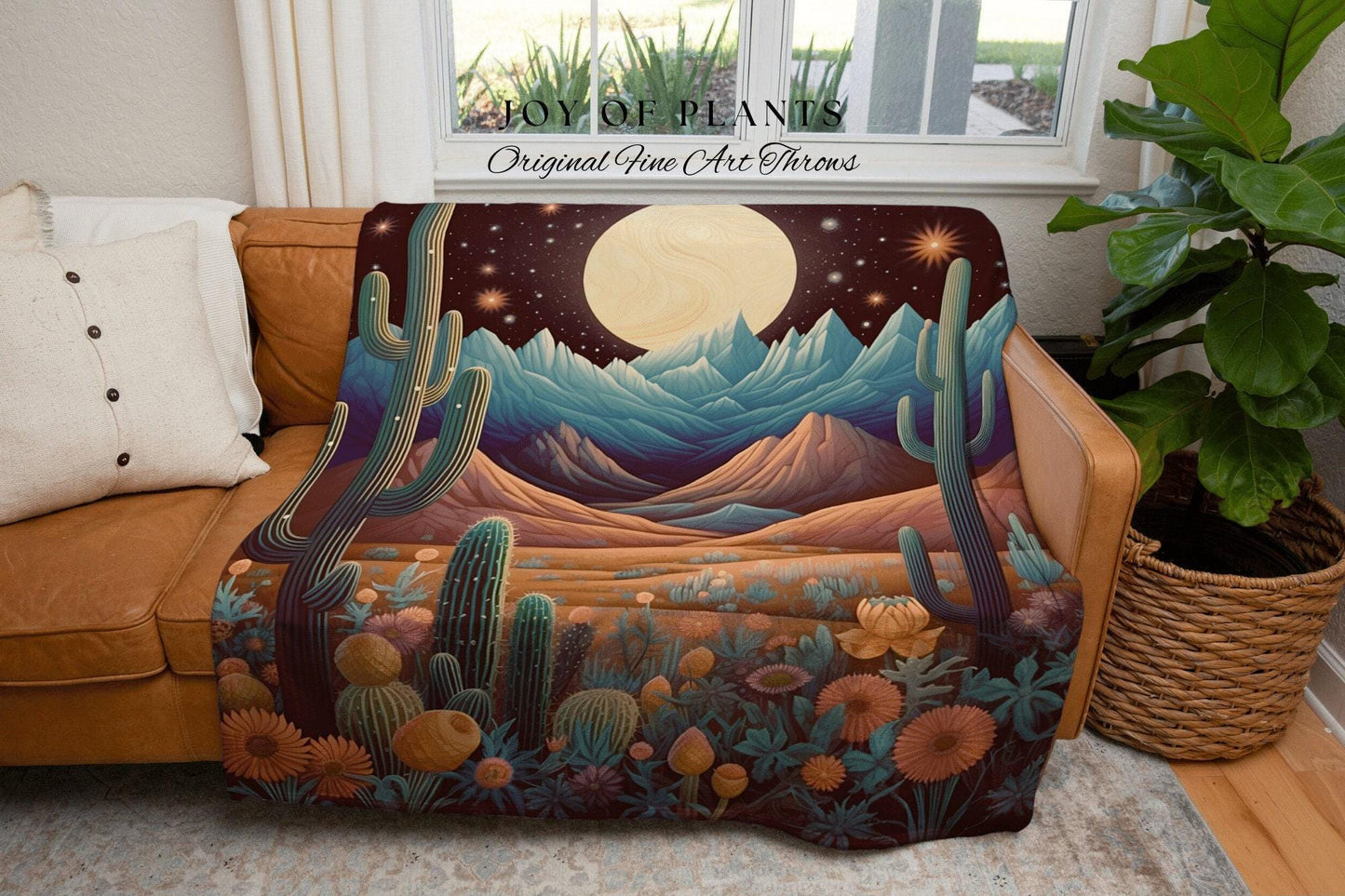 Vintage Desert Moon Blanket | Southwestern Home Decor Housewarming Gift Blanket Cactus Aesthetic Blanket Woven Tapestry Boho Desert Decor |
