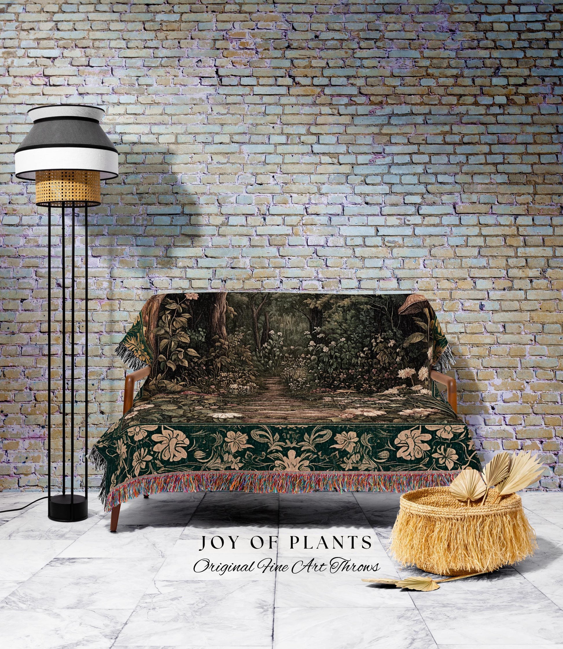 Botanical Bedroom Throw Blanket Fairycore | Woodland Mushroom Aesthetic Nature Lover Book Nook Wall Tapestry Woven Emerald Green Decor |