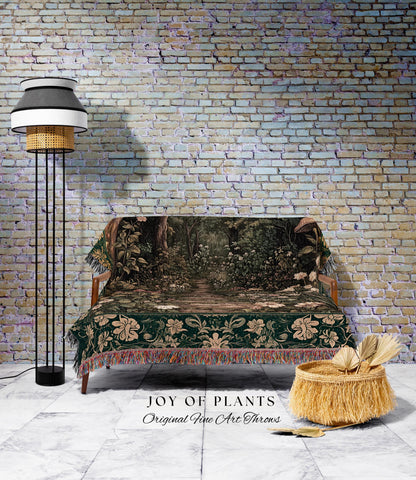 Botanical Bedroom Throw Blanket Fairycore | Woodland Mushroom Aesthetic Nature Lover Book Nook Wall Tapestry Woven Emerald Green Decor |