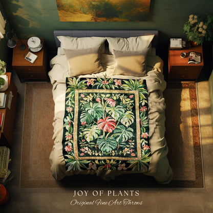 Earthy Vibes Monstera Tapestry | Cozy Woven Blanket Forestcore Vintage Summer Bedspread Tropical Goth Aesthetic Cottagecore Leafy Bedroom |